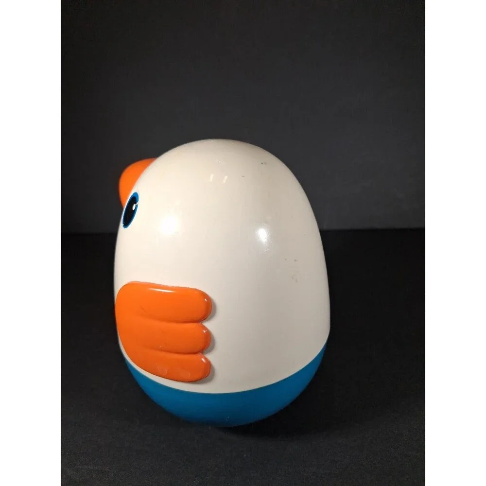 Vintage Playskool Roly Poly Chime Bird Toy Blue White Orange Bowtie Wobble